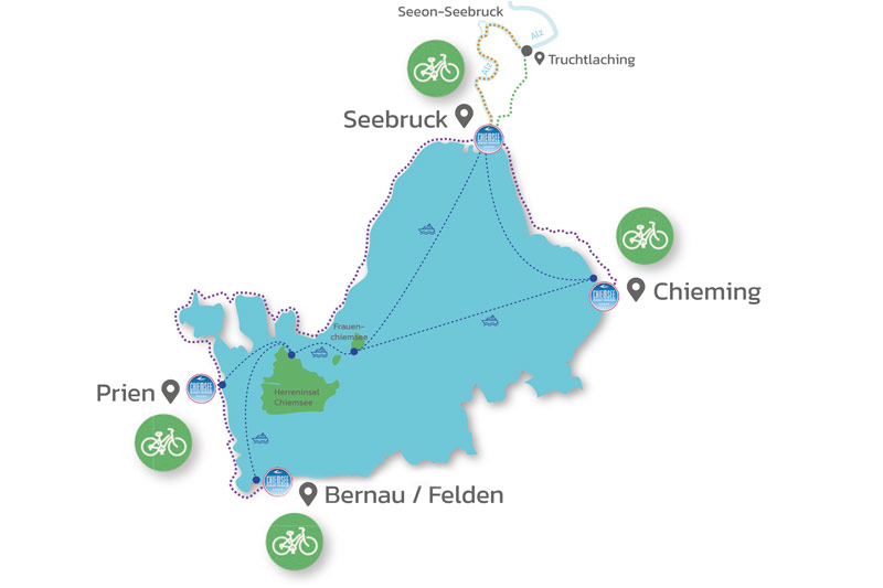 Karte mit Chiemsee Fahrradverleih-Stationen